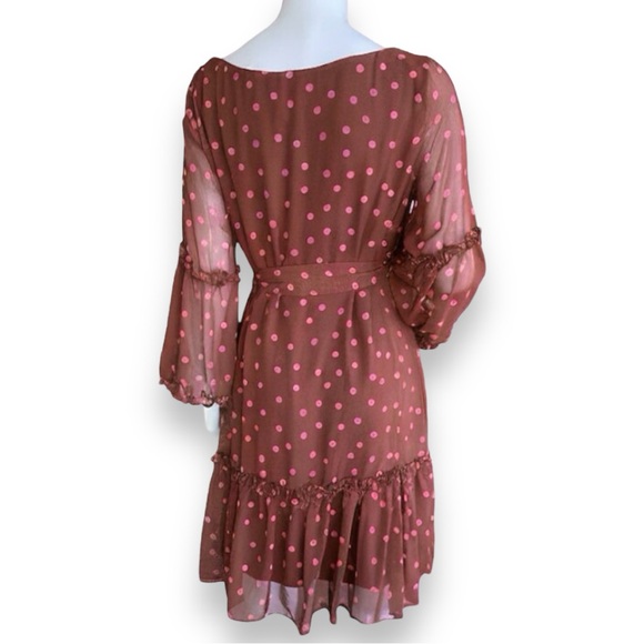 MAISON TARA CHIFFON BROWN WITH PINK POLKA DOT SHIRTWAIST DRESS. WOMEN’S SIZE 12 - Picture 3 of 13